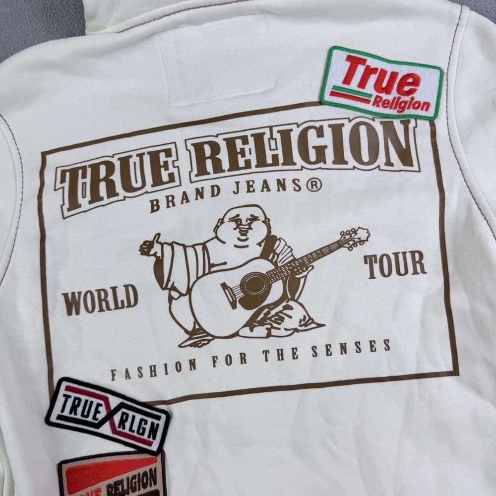 True Religion Patch Big T Zip Hoodie Off White Multi Logo World Tour Small